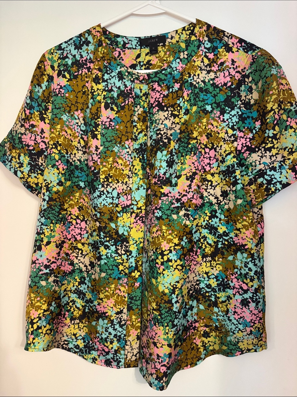 J. Crew Silk Floral Short Sleeve Button-Front Blouse in Pink multicolor